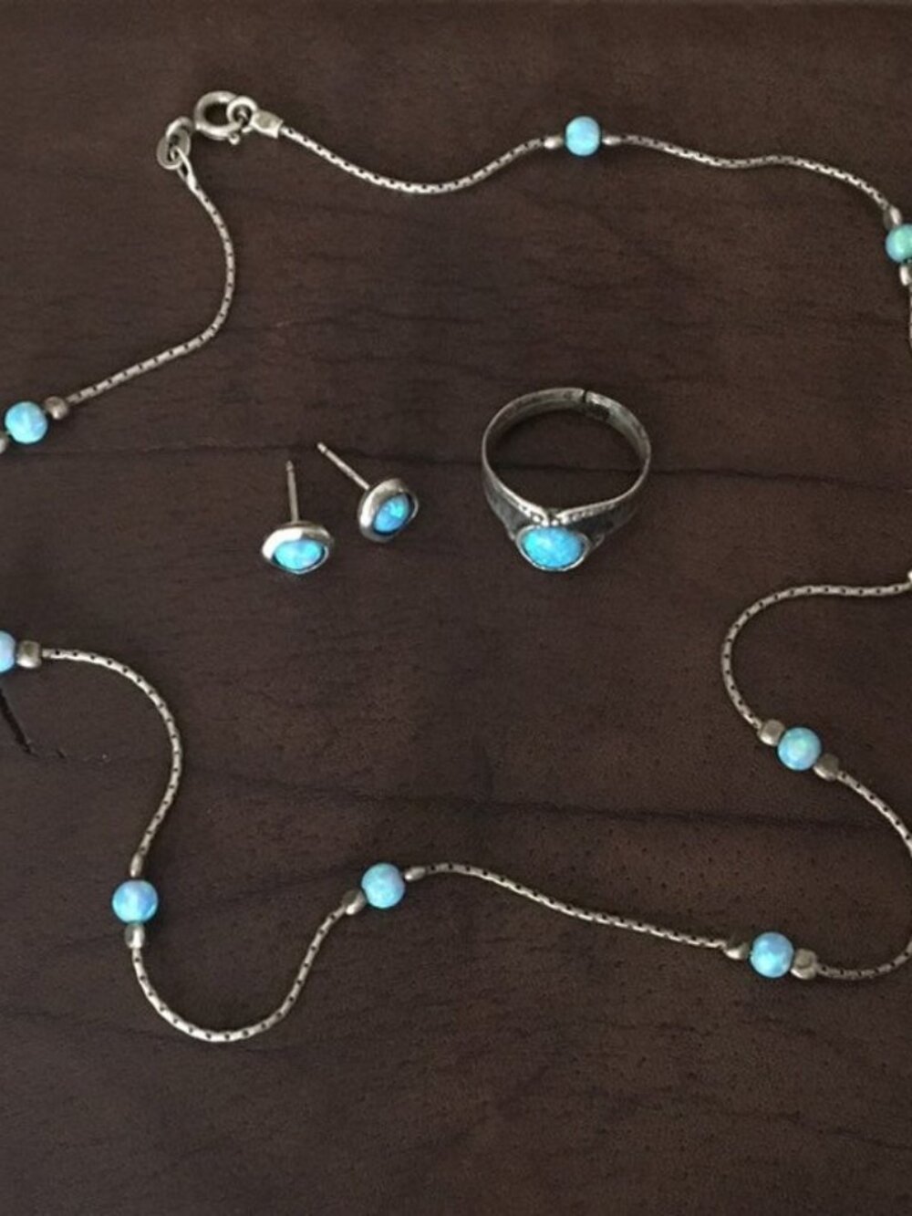 Vintage sterling silver opal necklace ring 925 earrings set distressed detailed